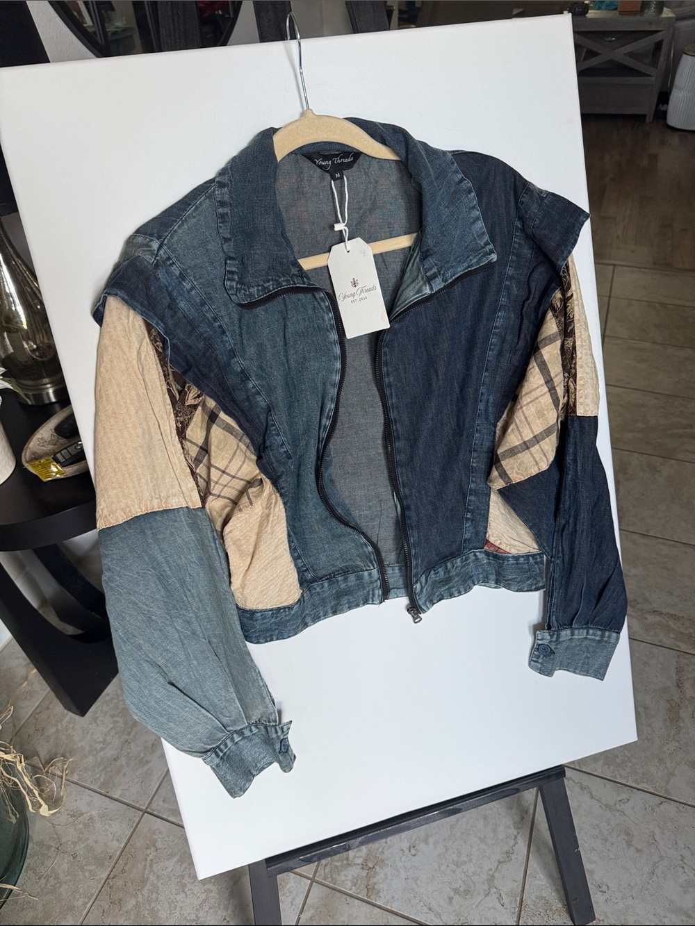 Young Theeads-Patchwork Denim and Plaid Zip Jacket - Blue & Beige NWT Medium